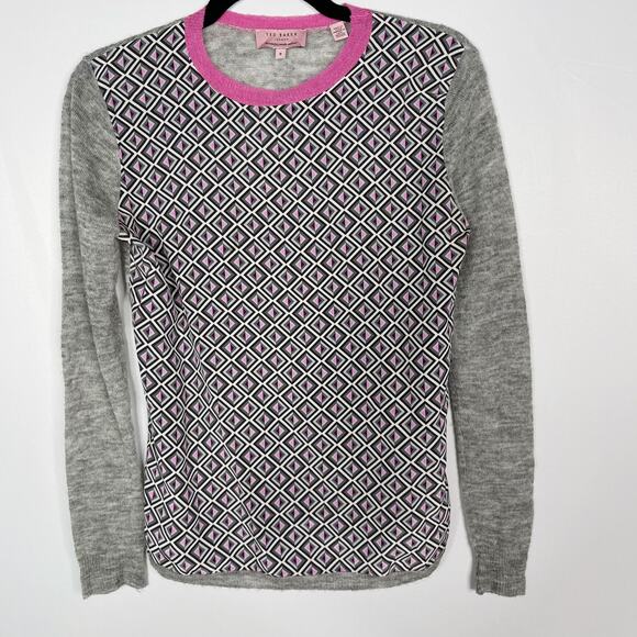 Ted Baker Womens 0 XXSmall Gray Amberly Geometric Printed Sweater Wool Silk Crew - Picture 1 of 8